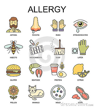 Allergy symptoms vector flat style illustration. The most common allergens icons set. Medicine and health symbols. Vector Illustration