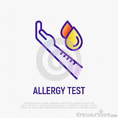 Allergy test thin line icon: dripping allergens on forearm. Skin prick test. Modern vector illustration Vector Illustration