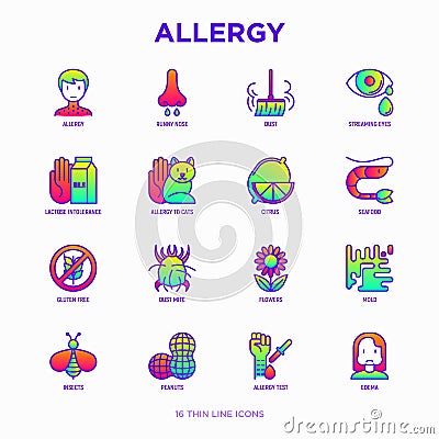 Allergy thin line icons set: runny nose, dust, streaming eyes, lactose intolerance, citrus, seafood,gluten free, dust mite, flower Vector Illustration