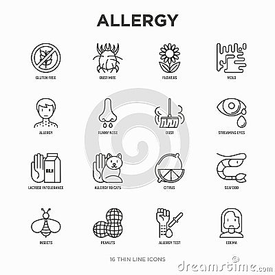 Allergy thin line icons set: runny nose, dust, streaming eyes, lactose intolerance, citrus, seafood, gluten free, dust mite, Vector Illustration