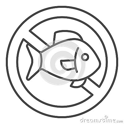 Allergy to seafood thin line icon, Allergy concept, seafood allergy sign on white background, Forbidden sign with fish Vector Illustration