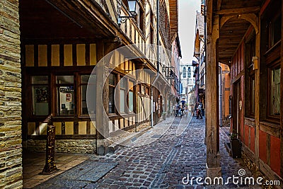 Alley of Cats in historic centre of Troyes with half timbered buildings Editorial Stock Photo