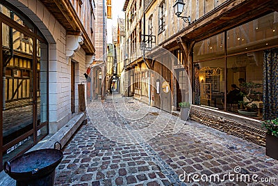 Alley of Cats in historic centre of Troyes with half timbered buildings Editorial Stock Photo