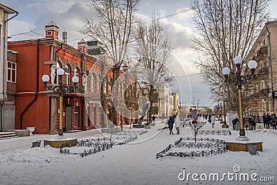 The alley and the old architecture in the downtown of Ulan-Ude, Buryatiya, Russia. Editorial Stock Photo