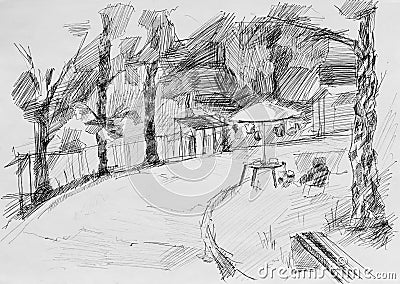 Alley with place for picnic,sketch pencil Stock Photo
