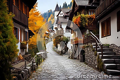 alley in quaint Alpine mountain village in Autumn Stock Photo