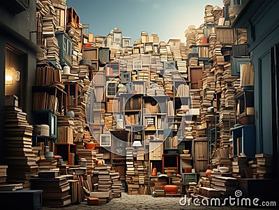 Alley of Towering Book Stacks and Furniture. Generative AI Stock Photo