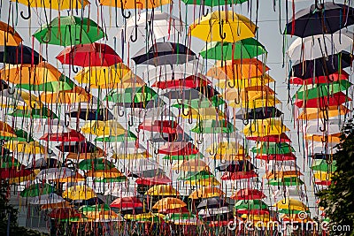 Alley of umbrellas. Installation of a city day in Sumy, Ukraine Editorial Stock Photo