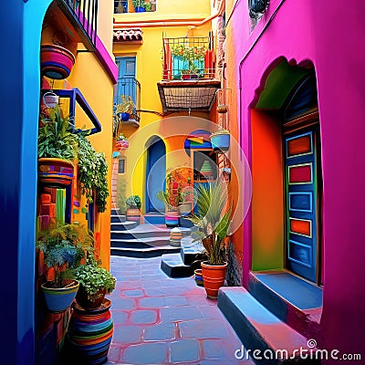 An alleyways in colorful colors, folklore-inspired, bold color palate, pink and indigo, use of bright colors, AI Stock Photo