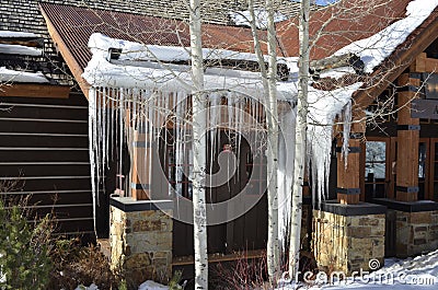 Allie`s Cabin Closeup; Icicle Art Deco, Beaver Creek, Vail Resorts, Avon, Colorado Stock Photo