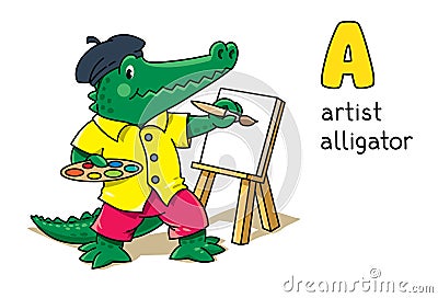 Alligator artist. Animal and profession Alphabet A Cartoon Illustration