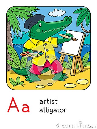 Alligator artist. Animal and profession Alphabet A Vector Illustration