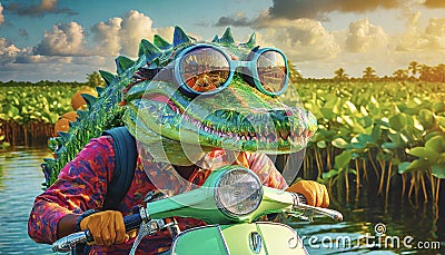 Gator looking cool riding his scooter through the swamp land down in Alabama. Stock Photo