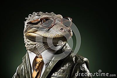 Alligator with sunglasses wearing leather jacket and tie on solid background. Generative AI Stock Photo