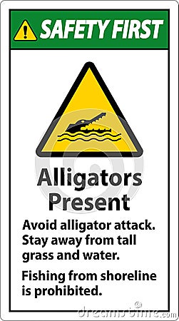 Alligator Warning Sign, Danger - Alligators Present, Avoid Alligator Attack, Stay Away, Fishing From Shoreline is Prohibited Vector Illustration