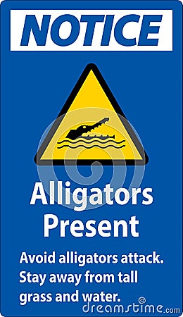 Alligator Warning Sign, Danger - Alligators Present Avoid Attack, Stay Away From Tall Grass And Water Vector Illustration