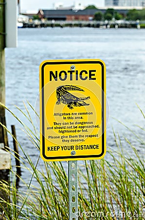 Alligator warning sign notice near water Stock Photo