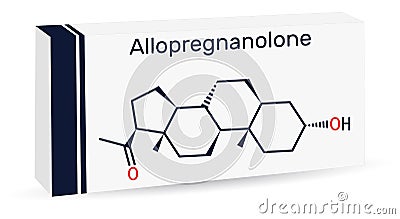 Allopregnanolone, brexanolone molecule. Skeletal chemical formula. Paper packaging for drugs. Vector Illustration