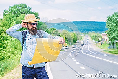 Allow recognize enough details to walk somewhere if get lost. I am lost on my way. Tourist backpacker map lost direction Stock Photo