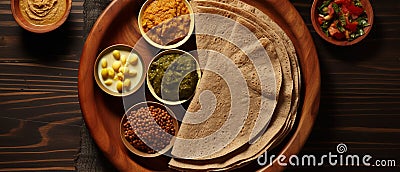 Alluring Ethiopian Cuisine Flat Lay with Injera and Stews Stock Photo