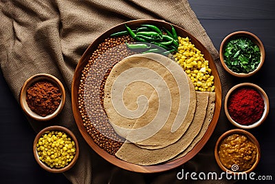 Alluring Ethiopian Cuisine Flat Lay with Injera and Stews Stock Photo