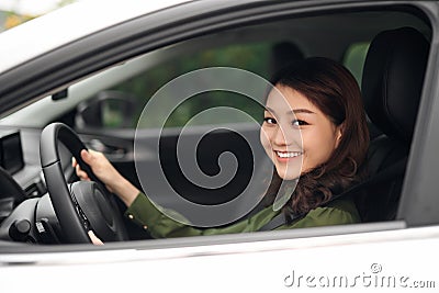 Alluring young woman driving the car and smiling Stock Photo