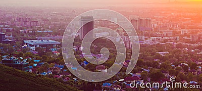 Almaty city in the fog in sunset with smog and dust in the air, Editorial Stock Photo