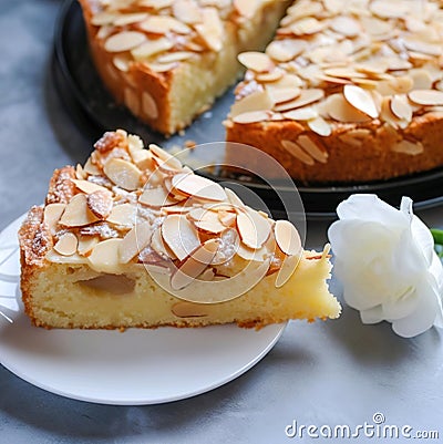 Almond cake display and slice on the plat Stock Photo