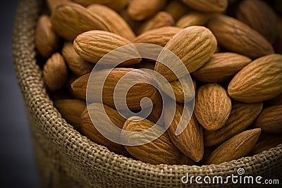 Almond Close-up Shot / Almond / Almond in Sack Close-up Stock Photo