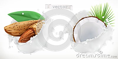 Almond, coconut and milk splash. 3d vector Vector Illustration