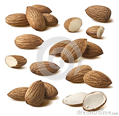 Almond composition set isolated on white background Stock Photo