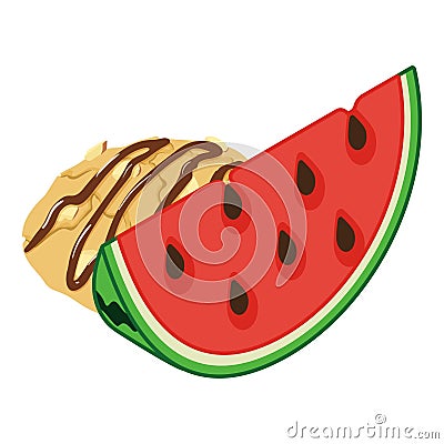 Almond dessert icon isometric vector. Almond cookie near watermelon piece icon Vector Illustration