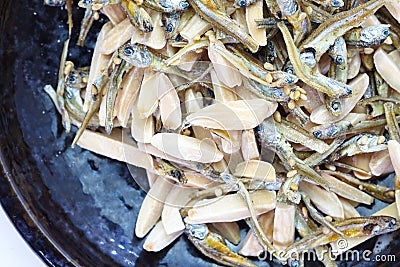 Almond and dried small fish Stock Photo