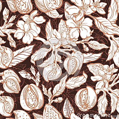 Almond garden. Vector nature seamless pattern Cartoon Illustration