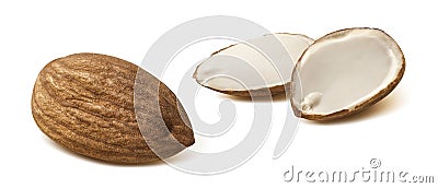 Almond half set group on white background Stock Photo