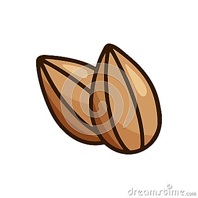 Almond icon. Color hand drawn emblem of two brown nuts. Cartoon clipart for label design of natural organic products. Symbol of Vector Illustration