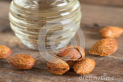 Almond kernel with bottle almonds oil. Stock Photo