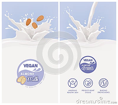 Almond milk drink splash with almonds Vector Illustration