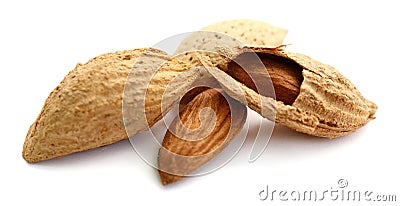 Almonds in bag from sacking. Metal, almond. Stock Photo