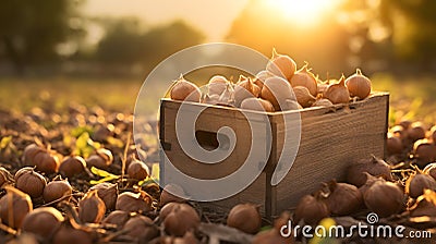 Hazelnuts harvested in a wooden box in a plantation with sunset. Natural organic fruit abundance. Agriculture, healthy and Stock Photo