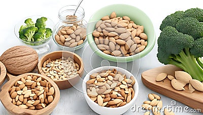 Almond nuts in a white bowl on wood background with nuts around the bowl Ai Generated Stock Photo
