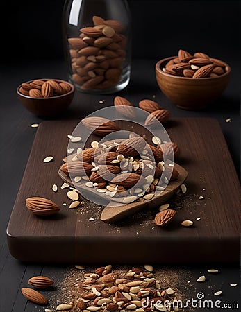 Almond nuts in wooden bowl and wooden spoon on black background. ai generated Stock Photo