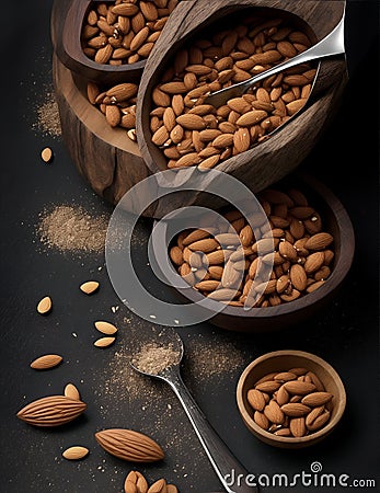 Almond nuts in wooden bowl and wooden spoon on black background. ai generated Stock Photo