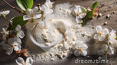 Organic Body Powders With Flowers And Wood Branches Stock Photo