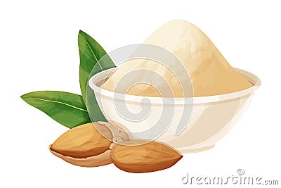 Almond powder, flour in bowl decorated with almond nuts in nutshell, leaves in cartoon style isolated on white Vector Illustration