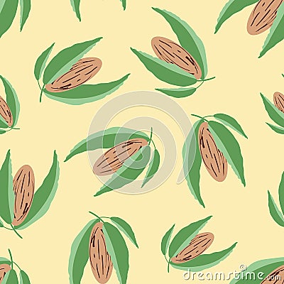 Almond vector seamless pattern background. Clusters of assorted brown oval nuts with leaves on yellow backdrop. Kernel Vector Illustration