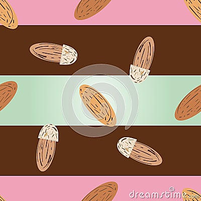 Almond vector seamless pattern background. Oval nuts on wide striped brown, pink mint green backdrop. Assorted kernel Vector Illustration