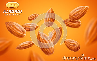 Almond vector set, detailed realistic kernels isolated on warm background. Flying almond nuts in different angles Vector Illustration
