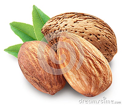 Almonds with leaves isolated. Stock Photo