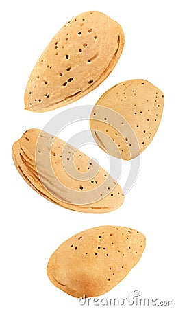 Almonds nuts no split, four pieces soaring, falling, flying isolated on white background with clipping path. Set of parts. Full Stock Photo